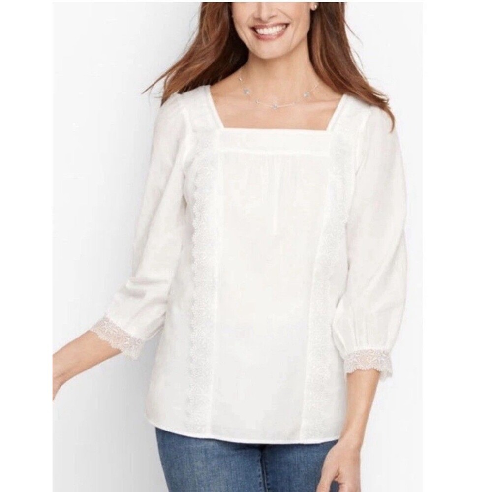 Talbots Shadow Stripe Square Neck White Blouse Top Sz MP Lace Ruffle Trim Lined